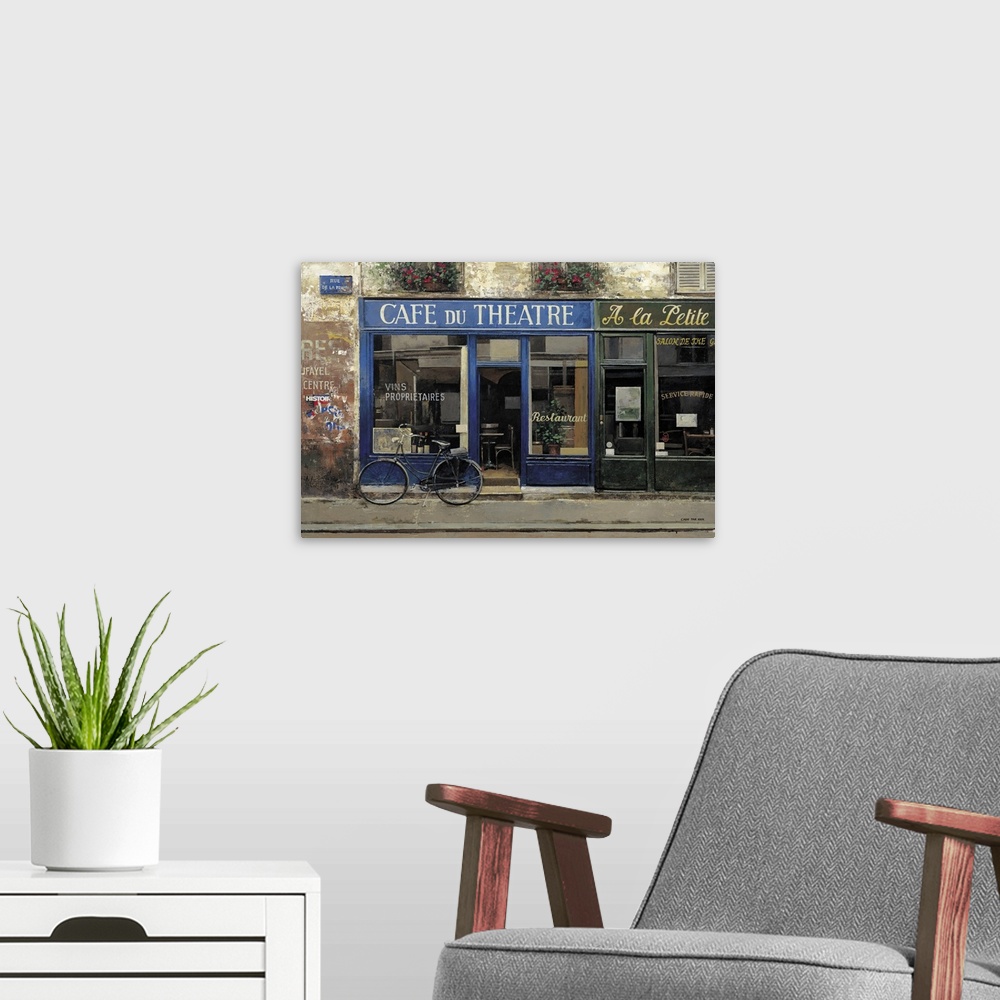A modern room featuring Contemporary painting of a cafe storefront downtown in a city.
