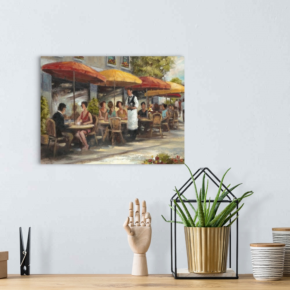 A bohemian room featuring Contemporary painting of people dining at a cafe outdoors.