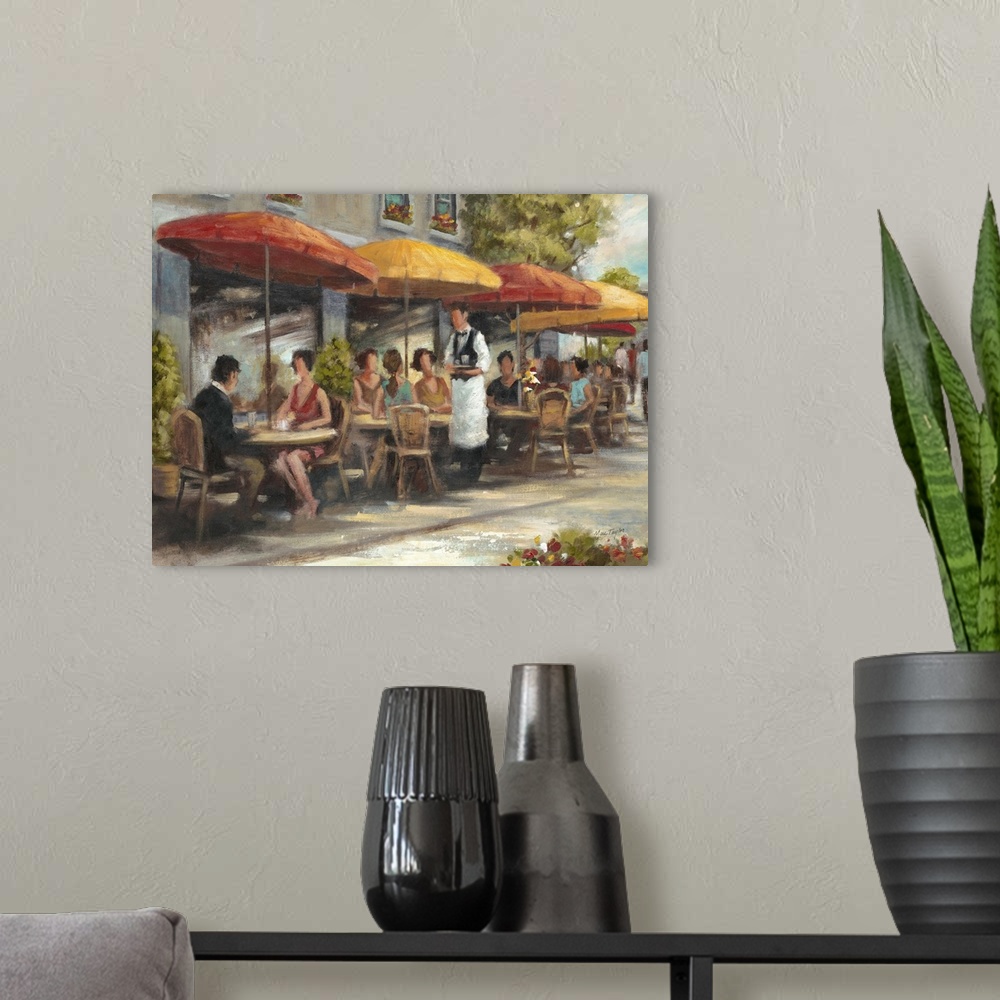 A modern room featuring Contemporary painting of people dining at a cafe outdoors.