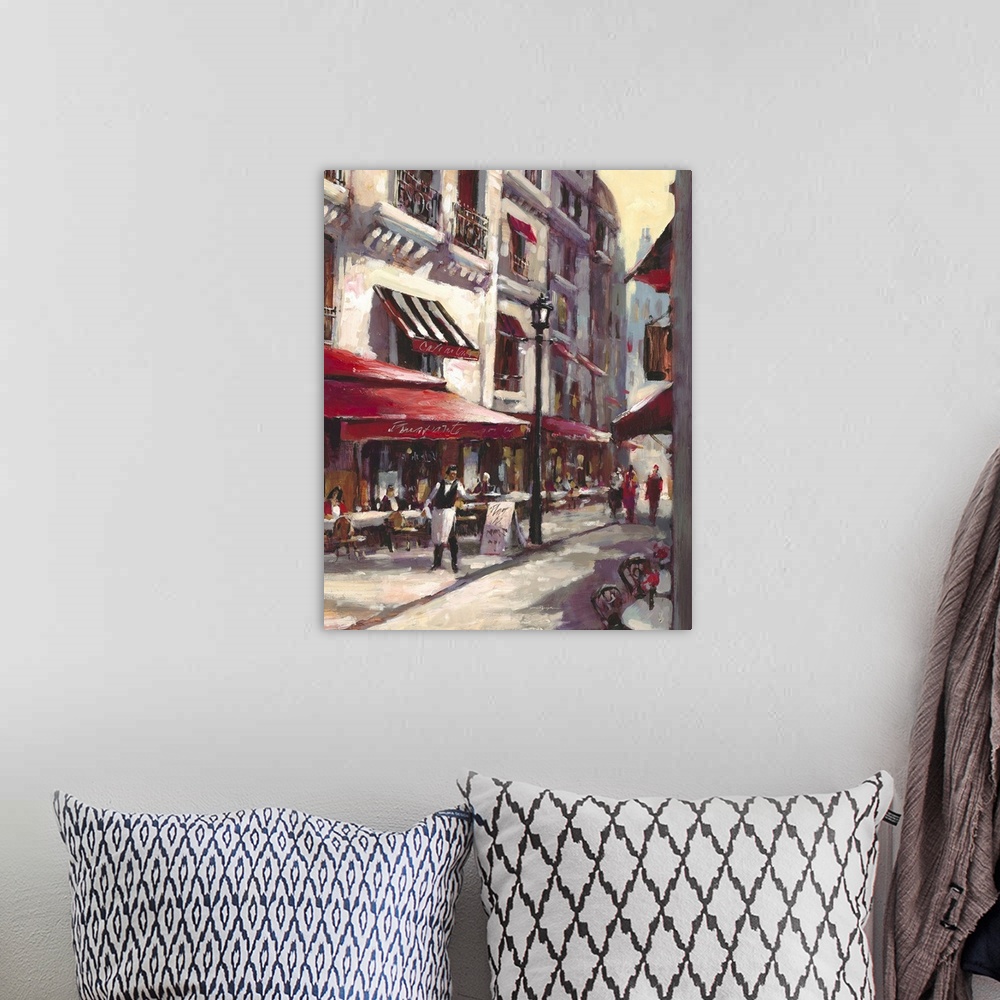 A bohemian room featuring Contemporary painting of a city street with a waiter standing outside a cafe.