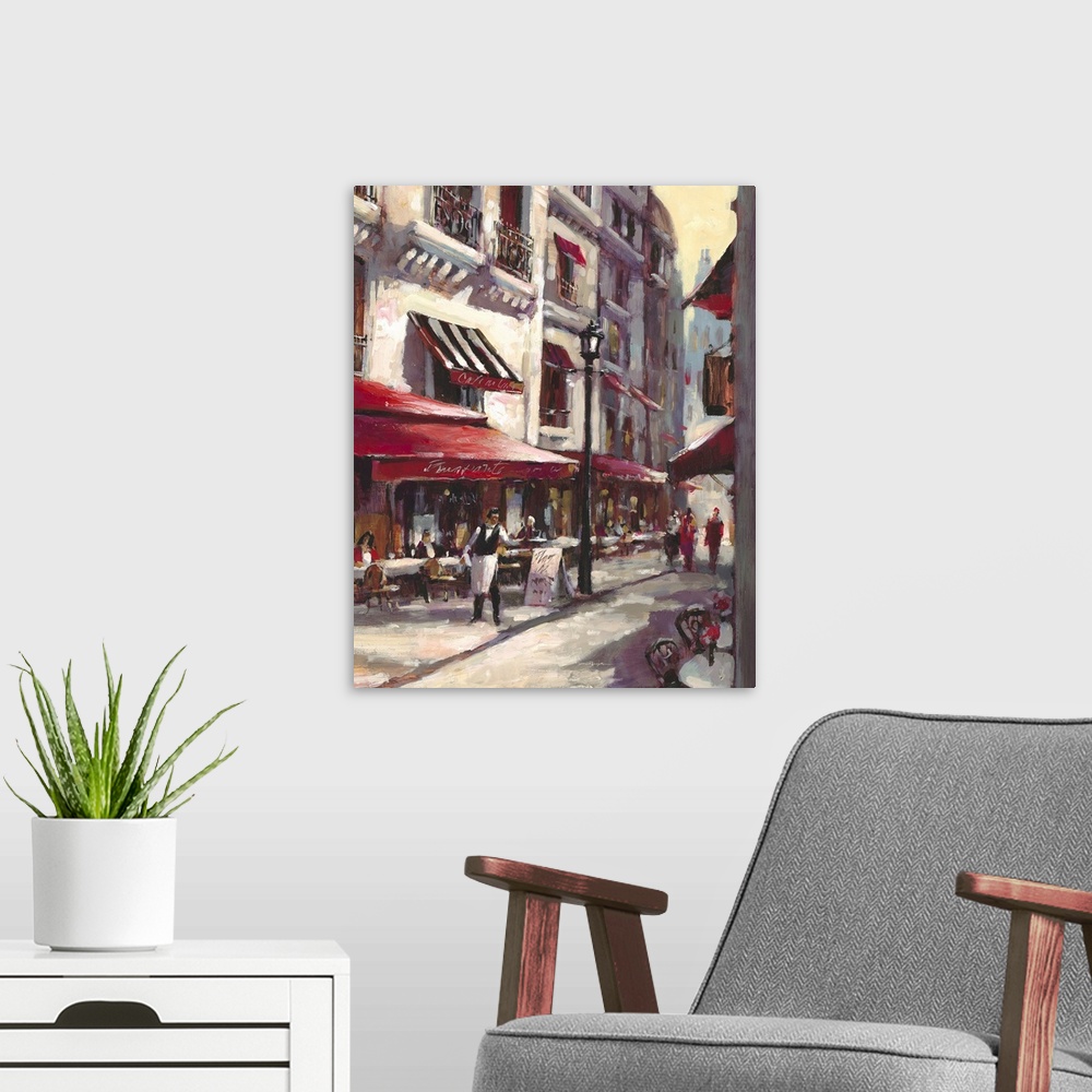 A modern room featuring Contemporary painting of a city street with a waiter standing outside a cafe.