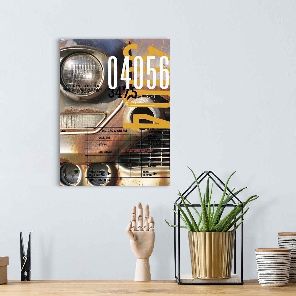 A bohemian room featuring Close up of a rusted vintage car's headlights with text elements.