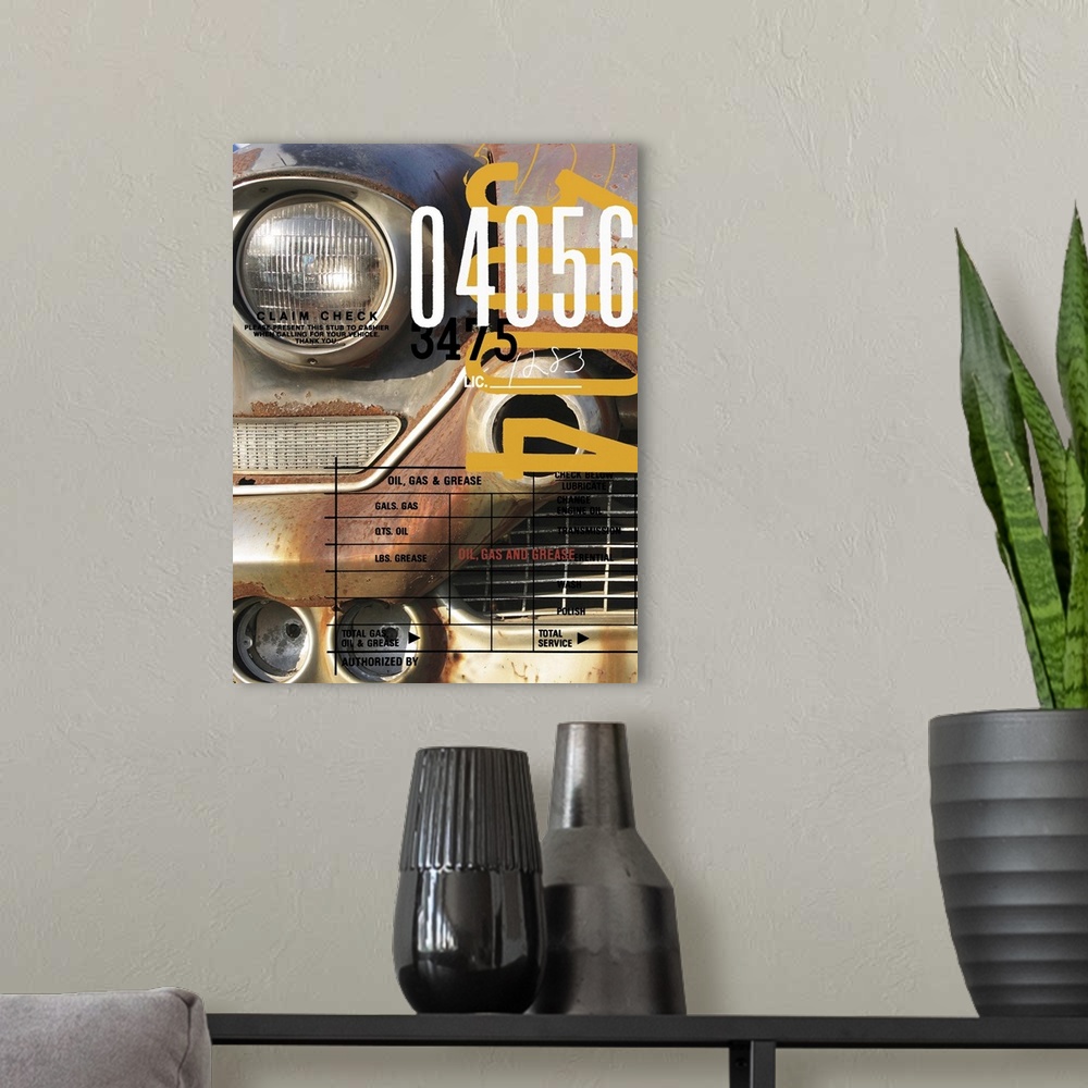 A modern room featuring Close up of a rusted vintage car's headlights with text elements.