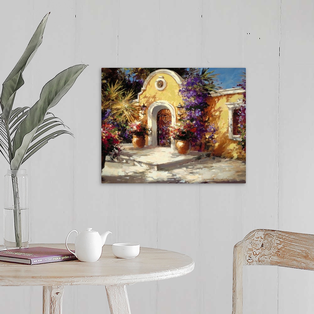 A farmhouse room featuring Contemporary painting of a village house front door, with vibrant flowers all around.