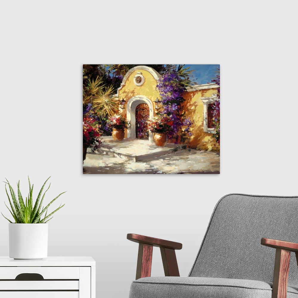A modern room featuring Contemporary painting of a village house front door, with vibrant flowers all around.