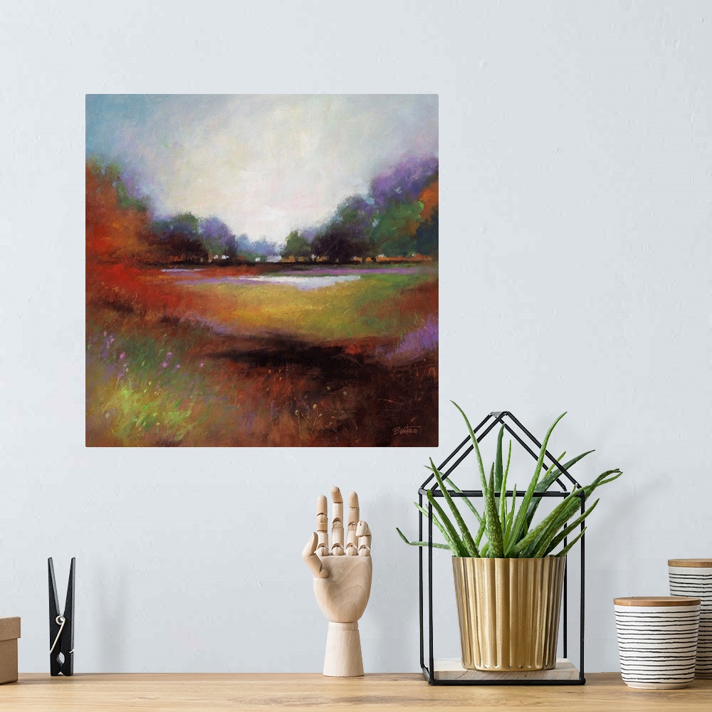 A bohemian room featuring Contemporary painting of a colorful and idyllic countryside landscape.