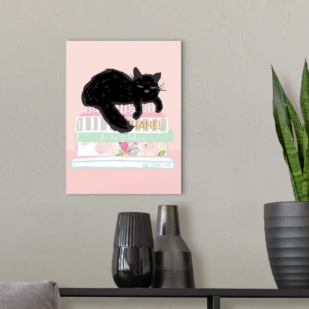 A modern room featuring Illustration of a black cat taking a nap on top of a stack of fashion books.