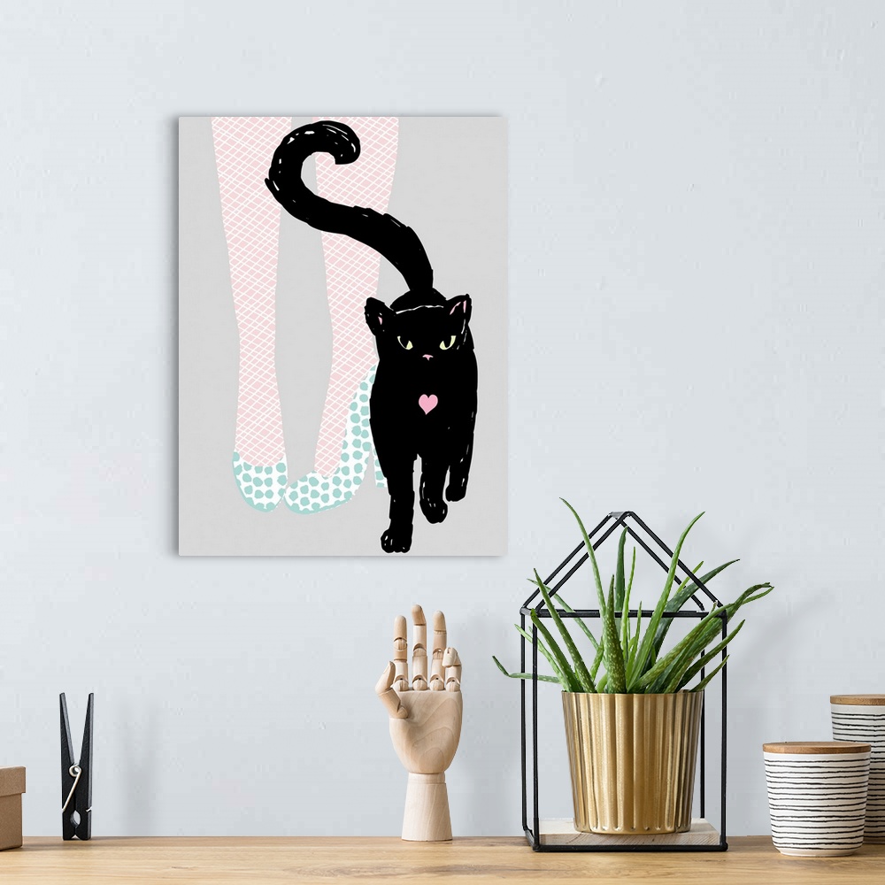 A bohemian room featuring Illustration of a black cat with a pair of female legs wearing polka dot high heels in the backgr...