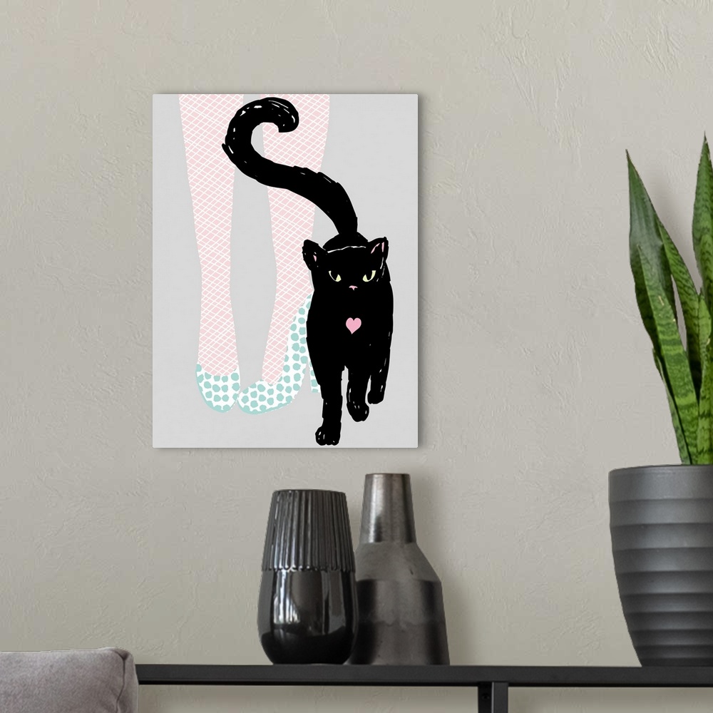 A modern room featuring Illustration of a black cat with a pair of female legs wearing polka dot high heels in the backgr...