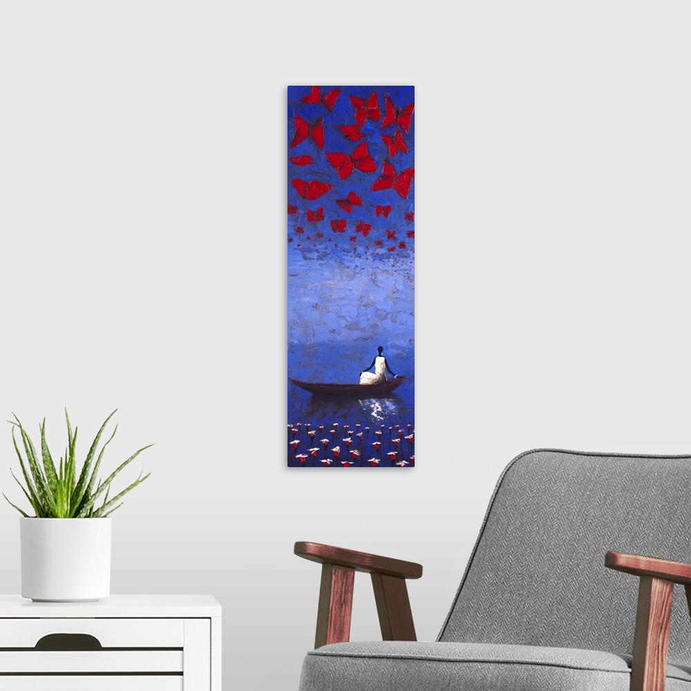 A modern room featuring Painting of a figure sitting on a boat casting reflections in the water, with red butterflies ove...