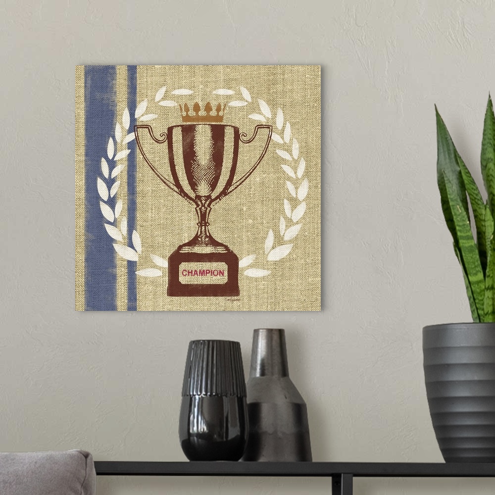 A modern room featuring Artistic vintage champion cup emblem.