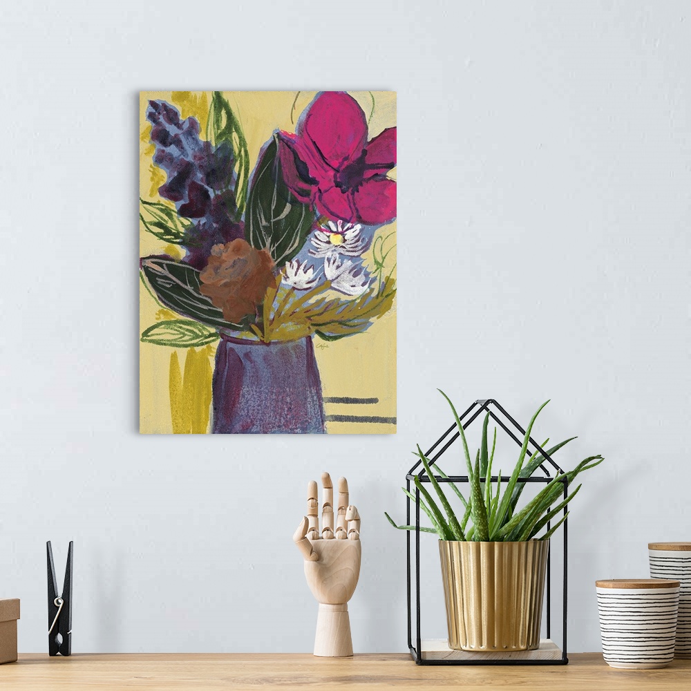 A bohemian room featuring Painting of a bouquet of magenta and purple flowers in a tall mauve vase.