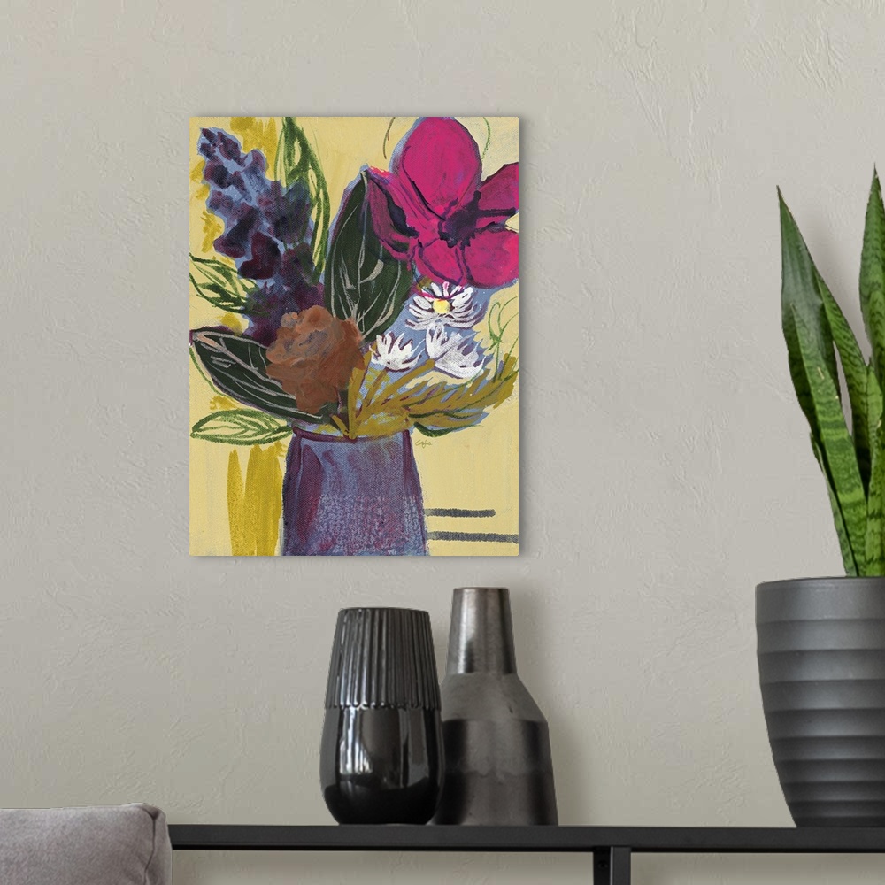 A modern room featuring Painting of a bouquet of magenta and purple flowers in a tall mauve vase.