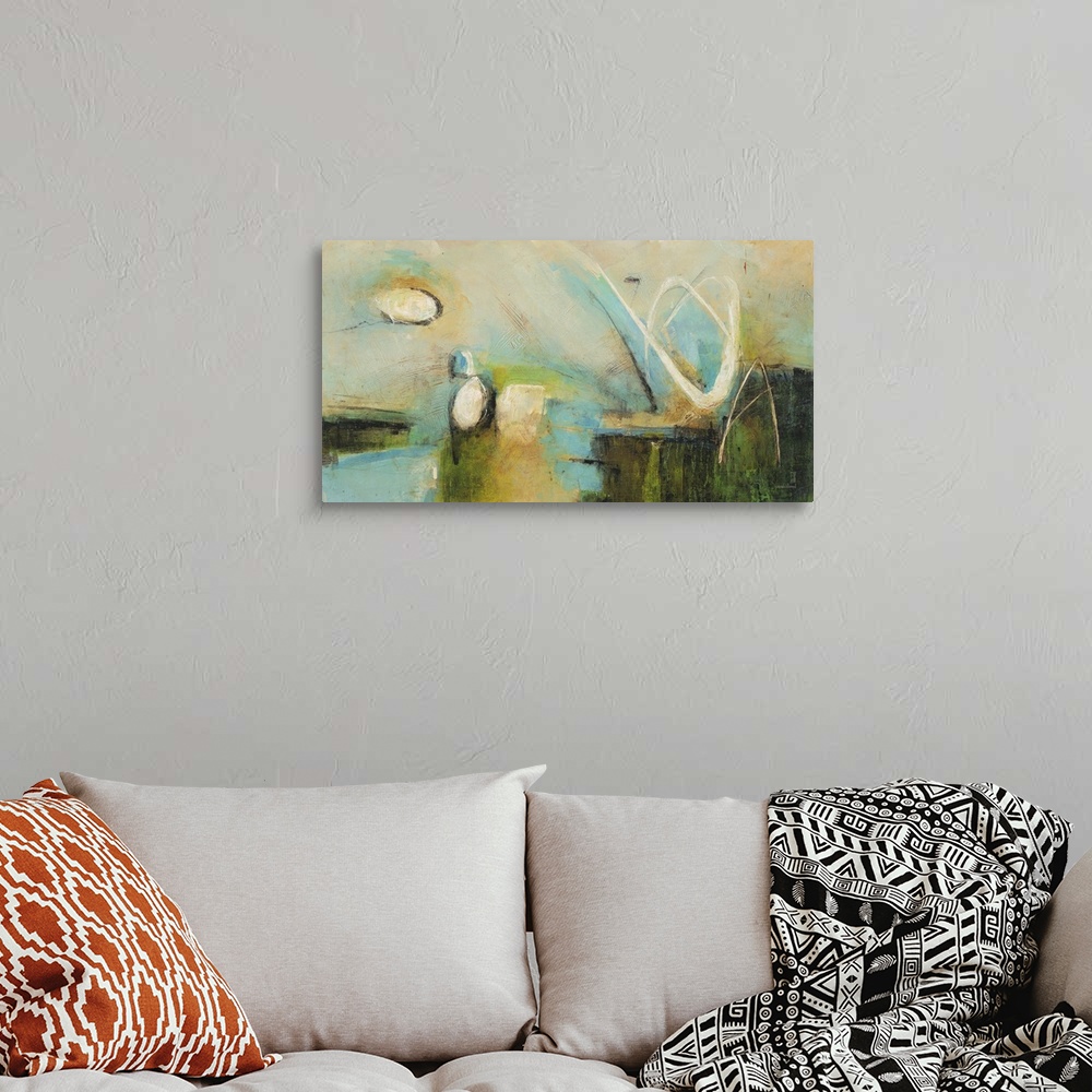 A bohemian room featuring Contemporary abstract artwork using warm and cool tones in a smooth fluid motion.