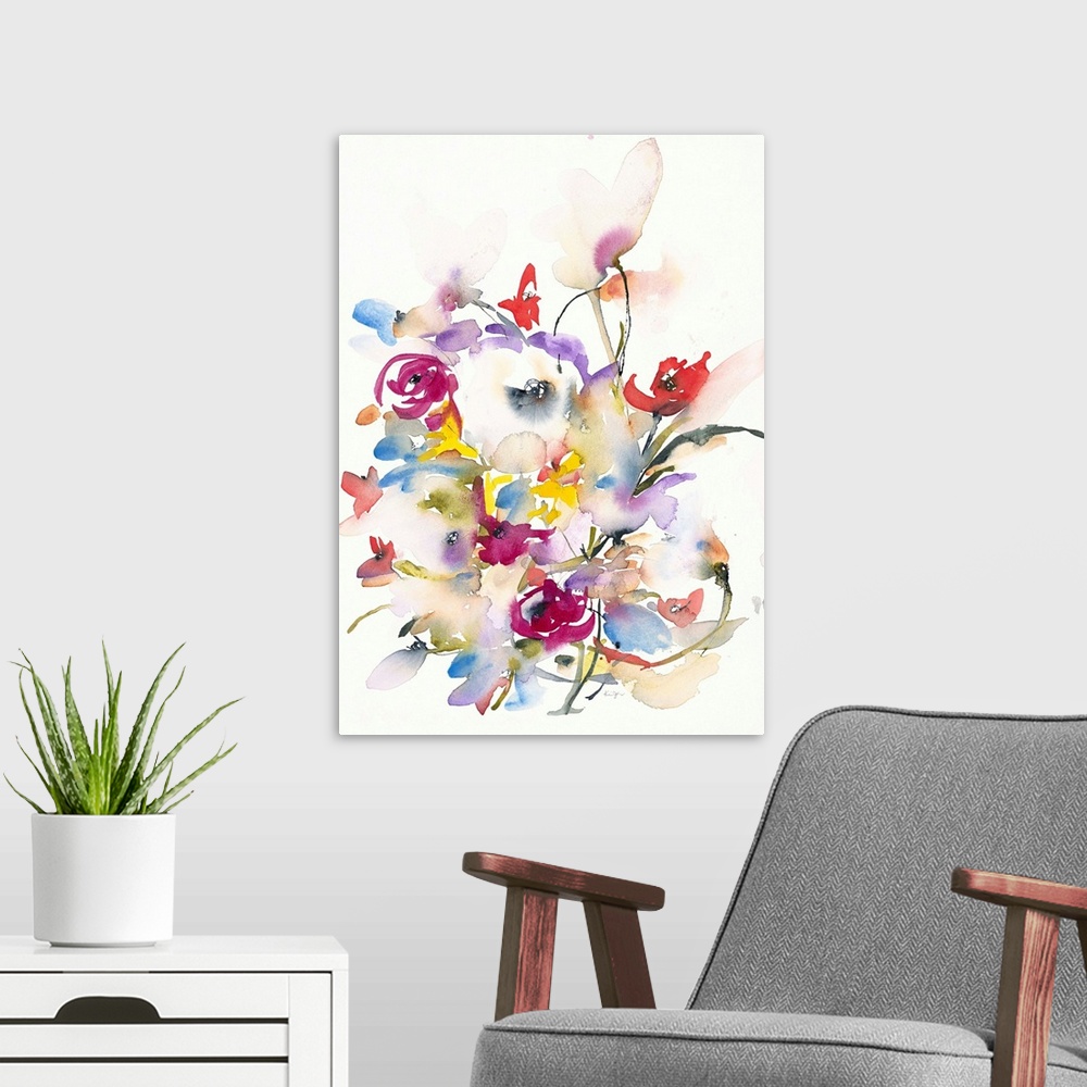 A modern room featuring Watercolor artwork of an abundance of blooming flowers on off-white.
