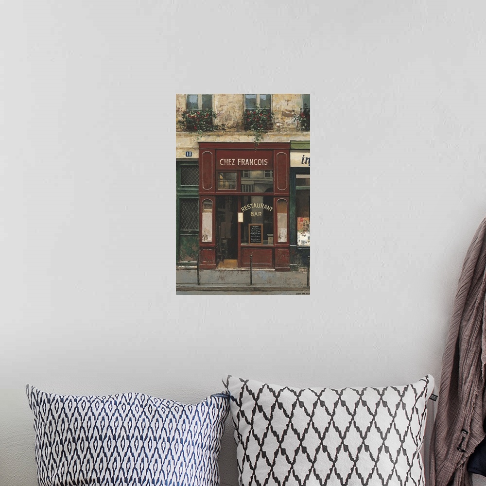 A bohemian room featuring Contemporary painting of a restaurant storefront downtown in a city.