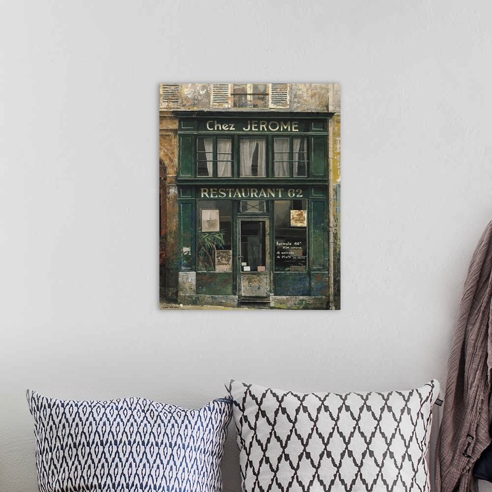 A bohemian room featuring Contemporary painting of a restauarant storefront downtown in a city.