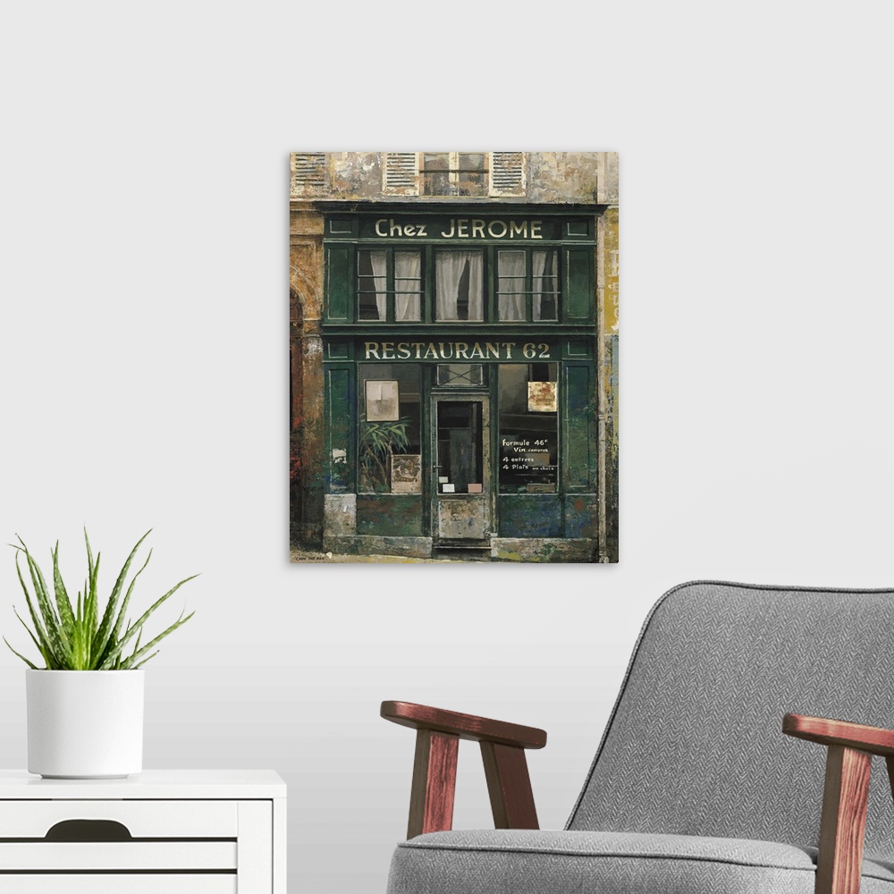 A modern room featuring Contemporary painting of a restauarant storefront downtown in a city.