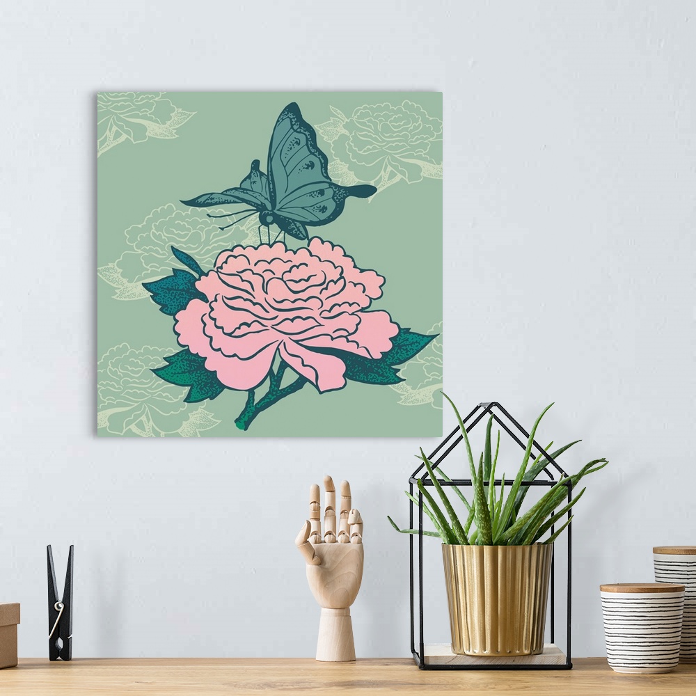 A bohemian room featuring Illustration of a butterfly on a pink flower, in a vintage style.
