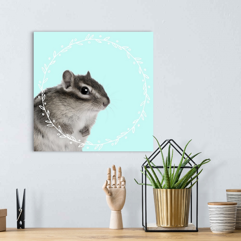 A bohemian room featuring Black and white photograph of a baby chipmunk on the middle of a light blue background with an il...