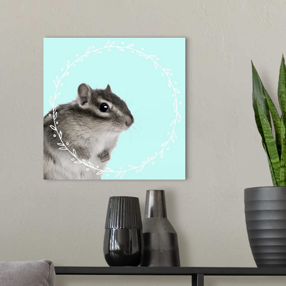 A modern room featuring Black and white photograph of a baby chipmunk on the middle of a light blue background with an il...