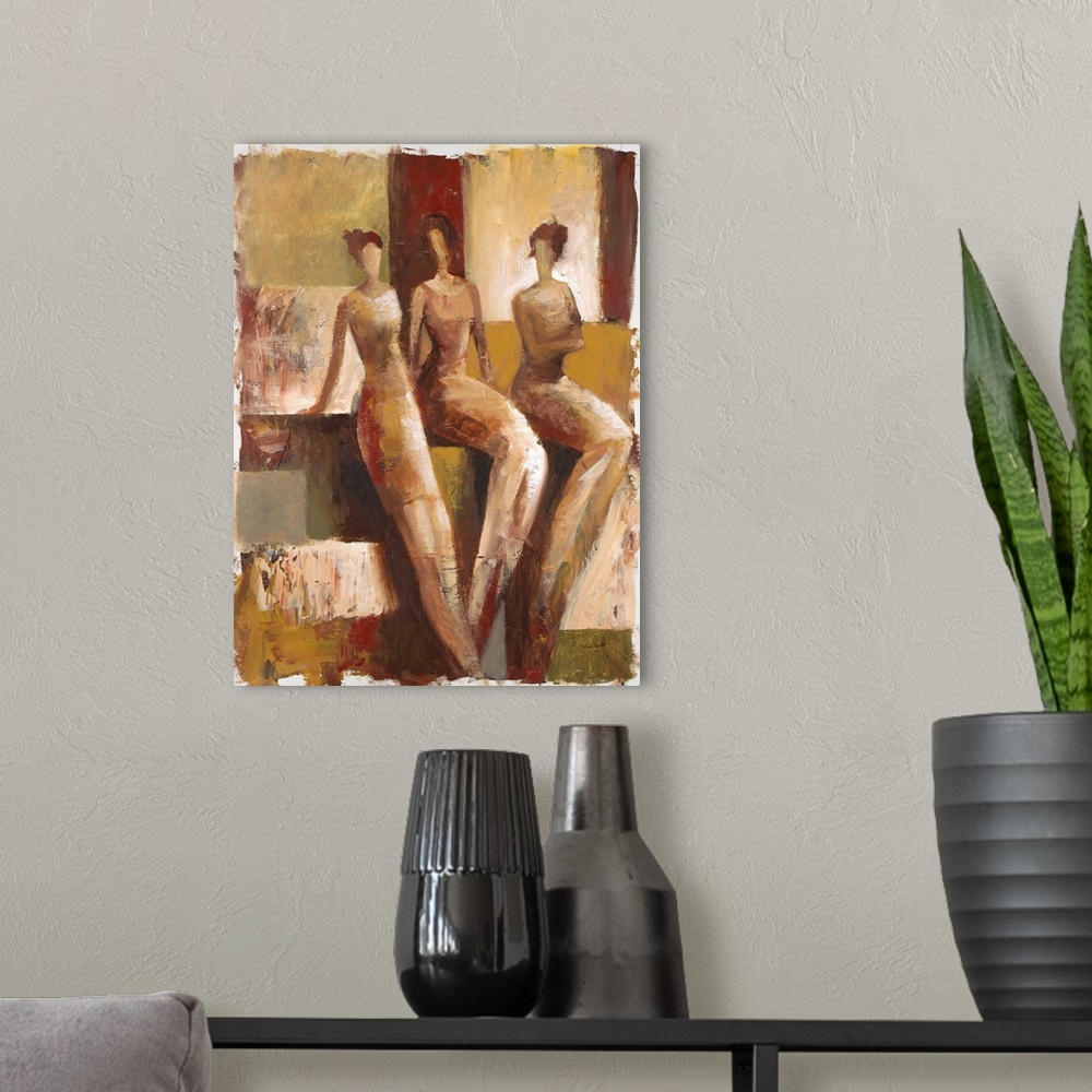 A modern room featuring Contemporary painting of three female figures standing against an earth toned geometric background.