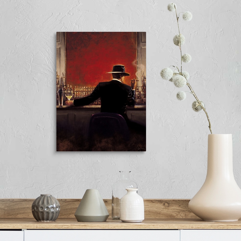 A farmhouse room featuring Contemporary painting of a man in a suit sitting at a bar with a vibrant red wall, with a cigar i...