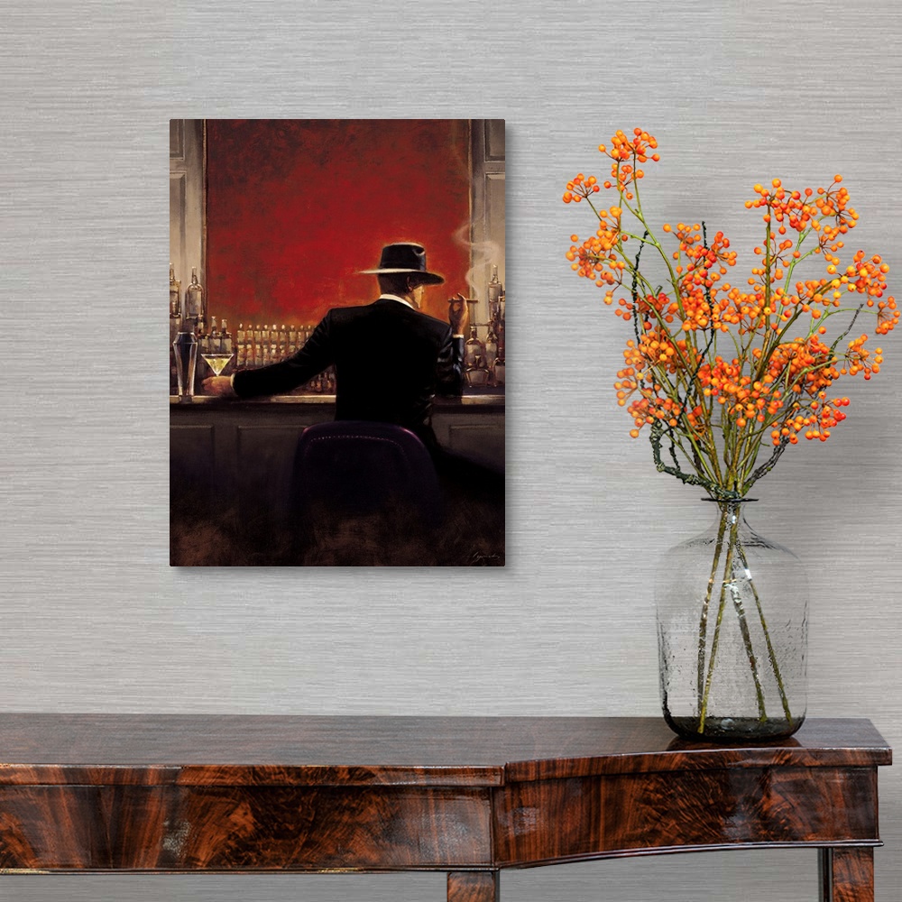 A traditional room featuring Contemporary painting of a man in a suit sitting at a bar with a vibrant red wall, with a cigar i...