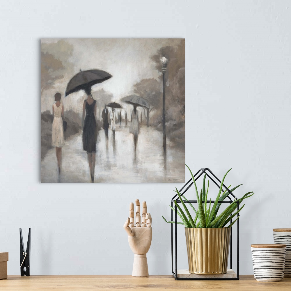 A bohemian room featuring Contemporary painting of elongated figures walking through the rain under umbrellas.
