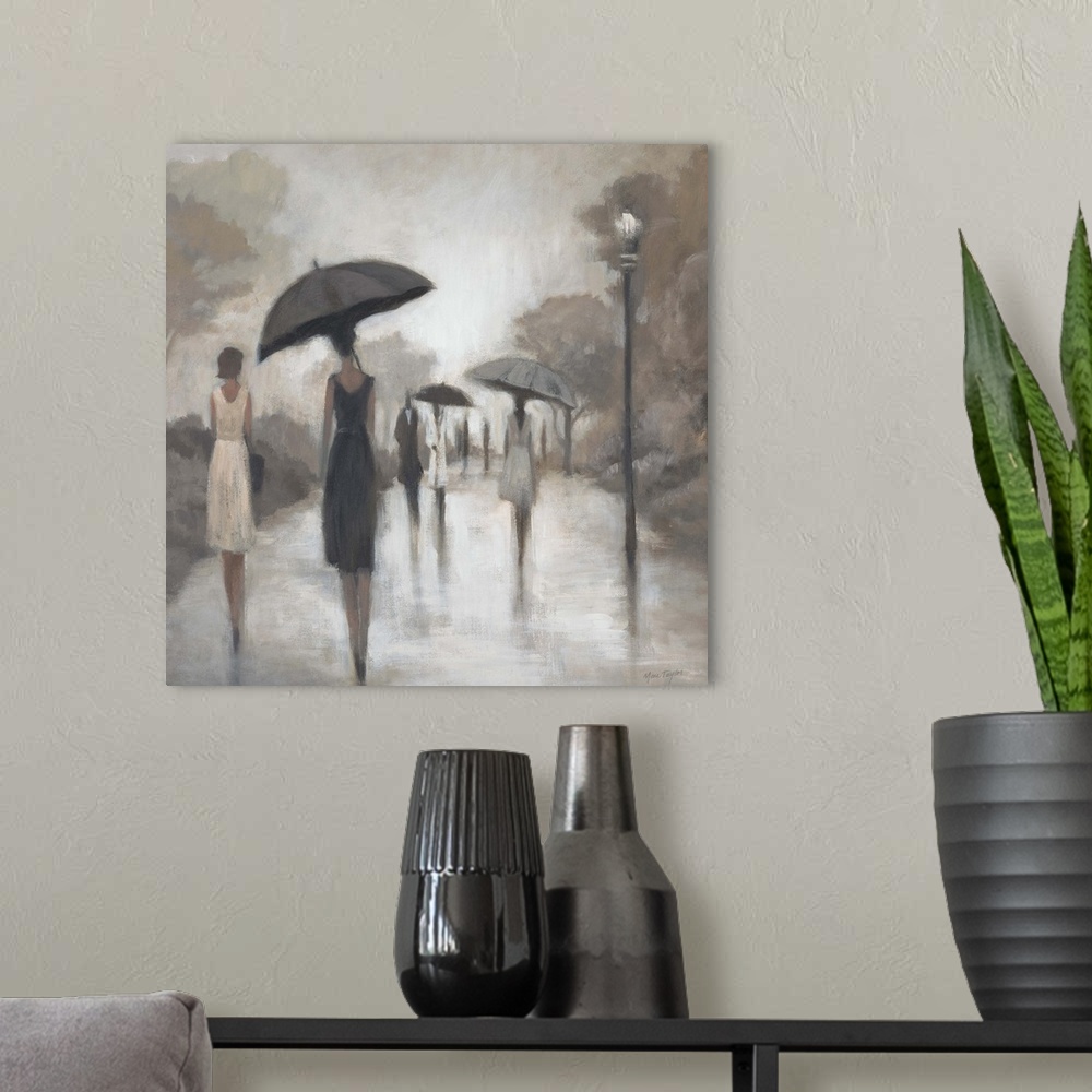 A modern room featuring Contemporary painting of elongated figures walking through the rain under umbrellas.