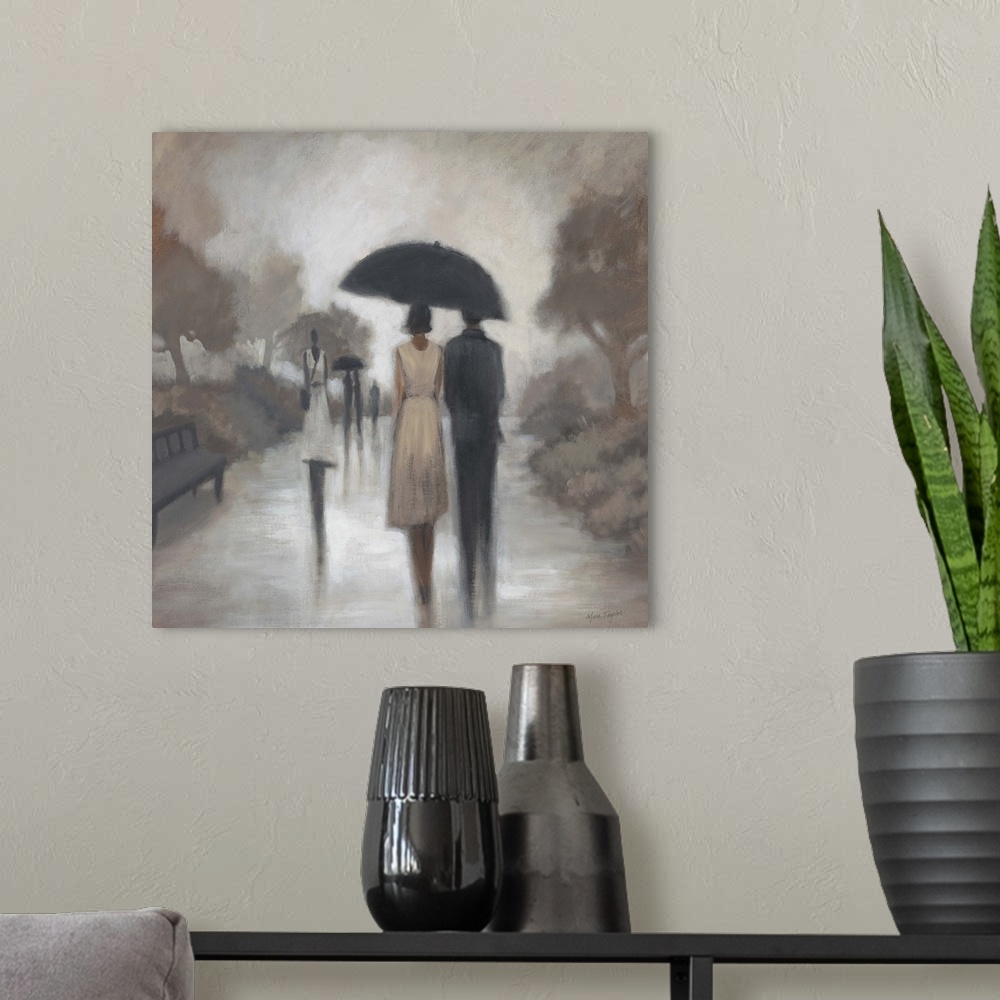 A modern room featuring Contemporary painting of elongated figures walking through the rain under umbrellas.