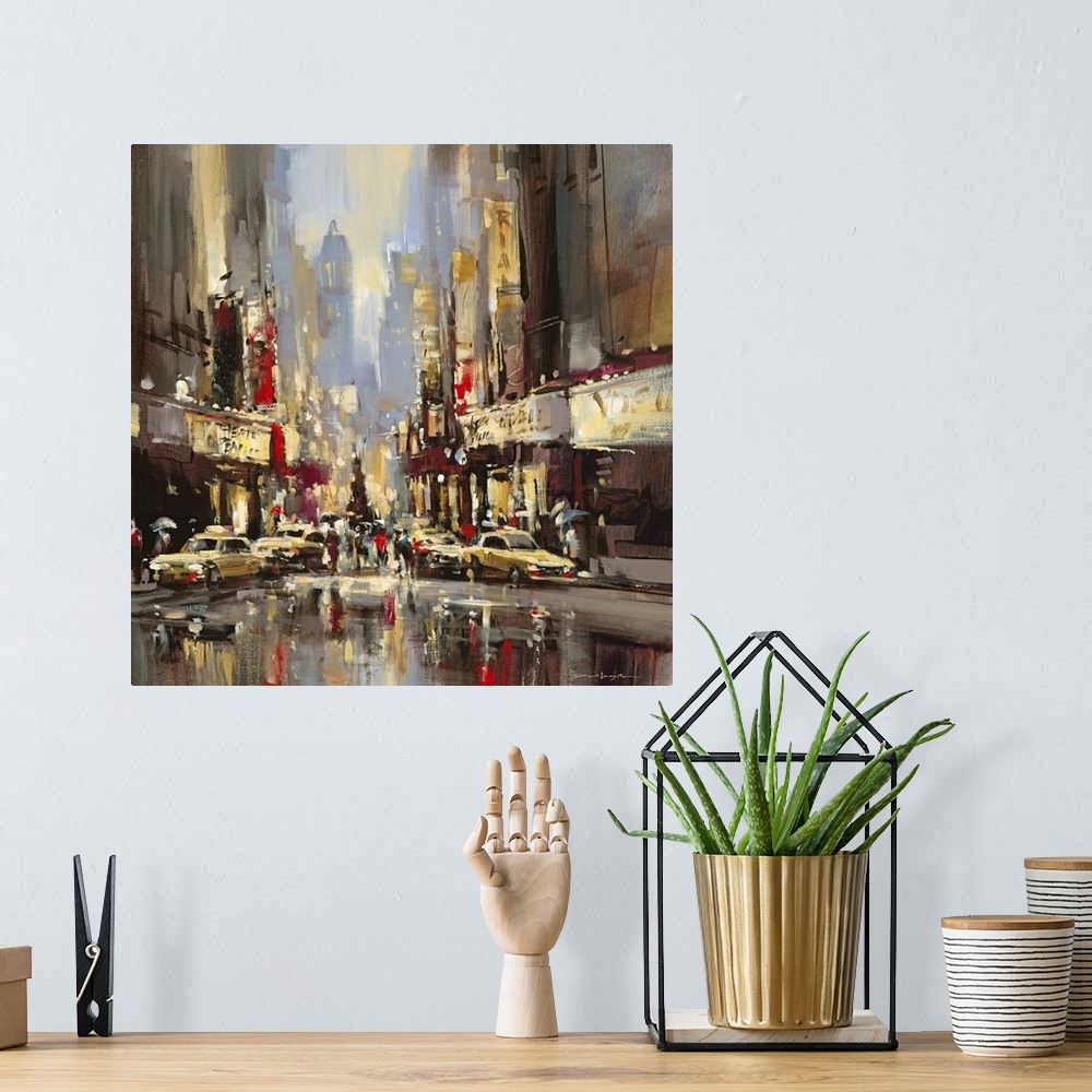 A bohemian room featuring Contemporary painting of a city street lined with cars and people vanishing into a jungle of skys...