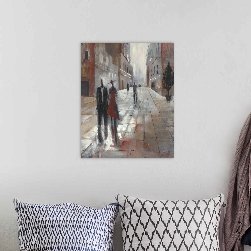 A bohemian room featuring Contemporary painting of elongated figures walking along a city street.