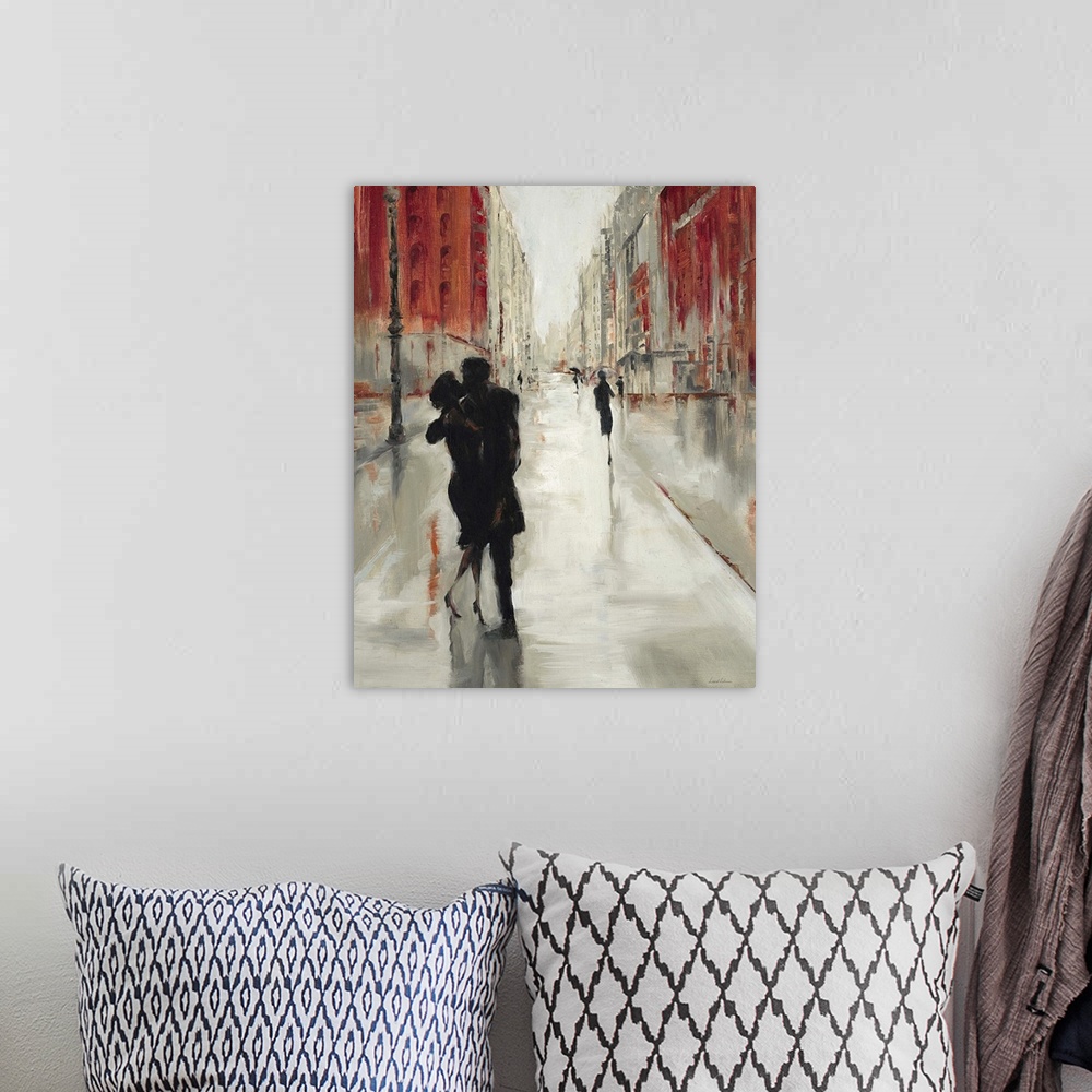 A bohemian room featuring Contemporary home decor painting of a silhouetted people in a loving embrace.