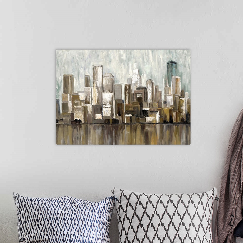 A bohemian room featuring Contemporary artwork of a city skyline casting a reflection in the river below.