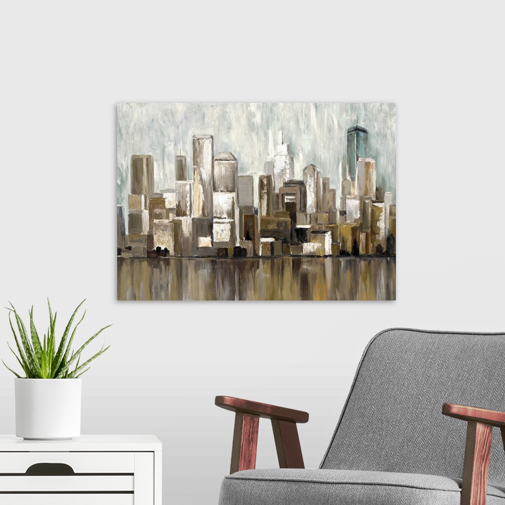 A modern room featuring Contemporary artwork of a city skyline casting a reflection in the river below.