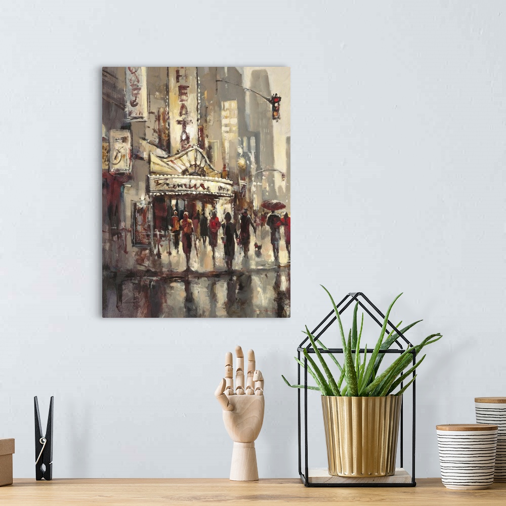 A bohemian room featuring Painting of city streets with people casting reflections on a wet road, with a theater in the bac...