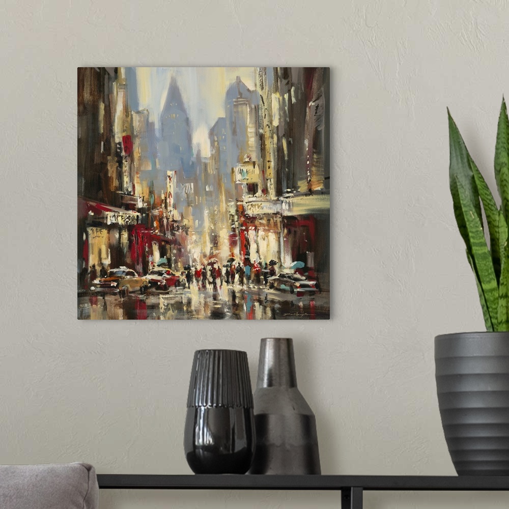 A modern room featuring Contemporary painting of a city street lined with cars and people vanishing into a jungle of skys...