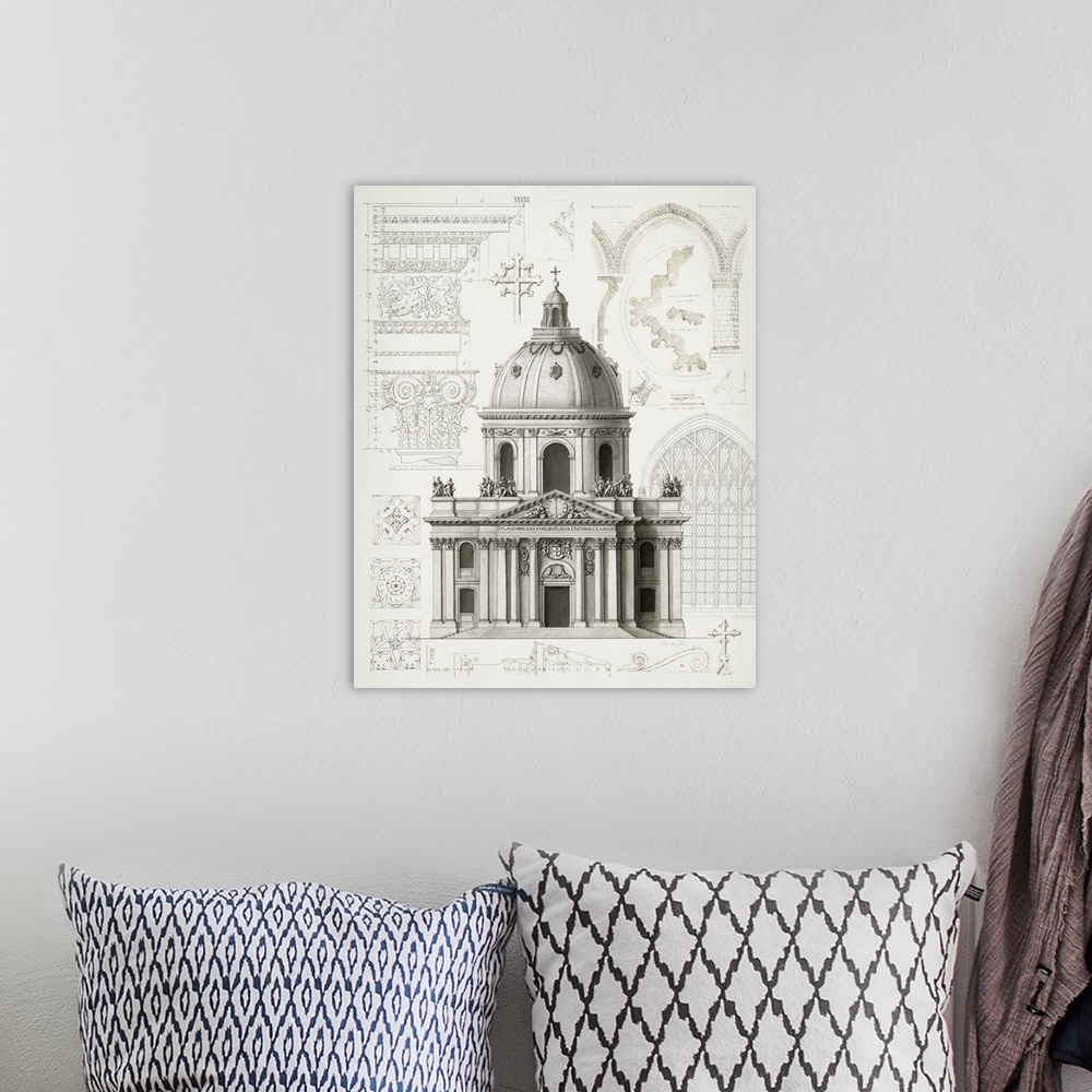A bohemian room featuring Black and white architectural illustration and blueprint with numbered measurements and designs i...