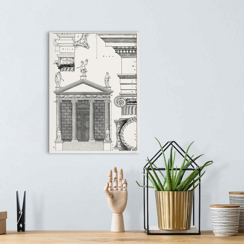 A bohemian room featuring Black and white architectural illustration and blueprint of detailed columns with numbered measur...