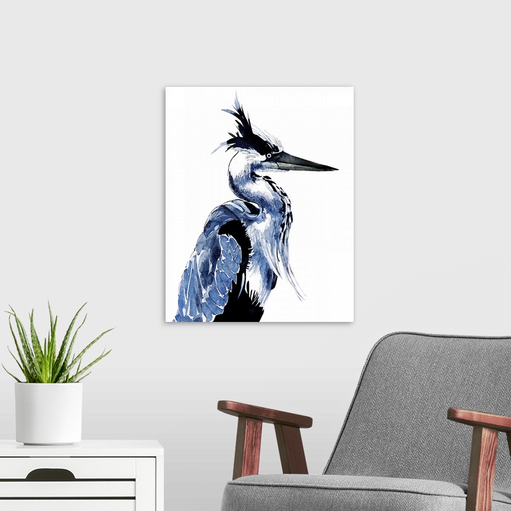 A modern room featuring Contemporary painting of a blue heron looking up at the sky.