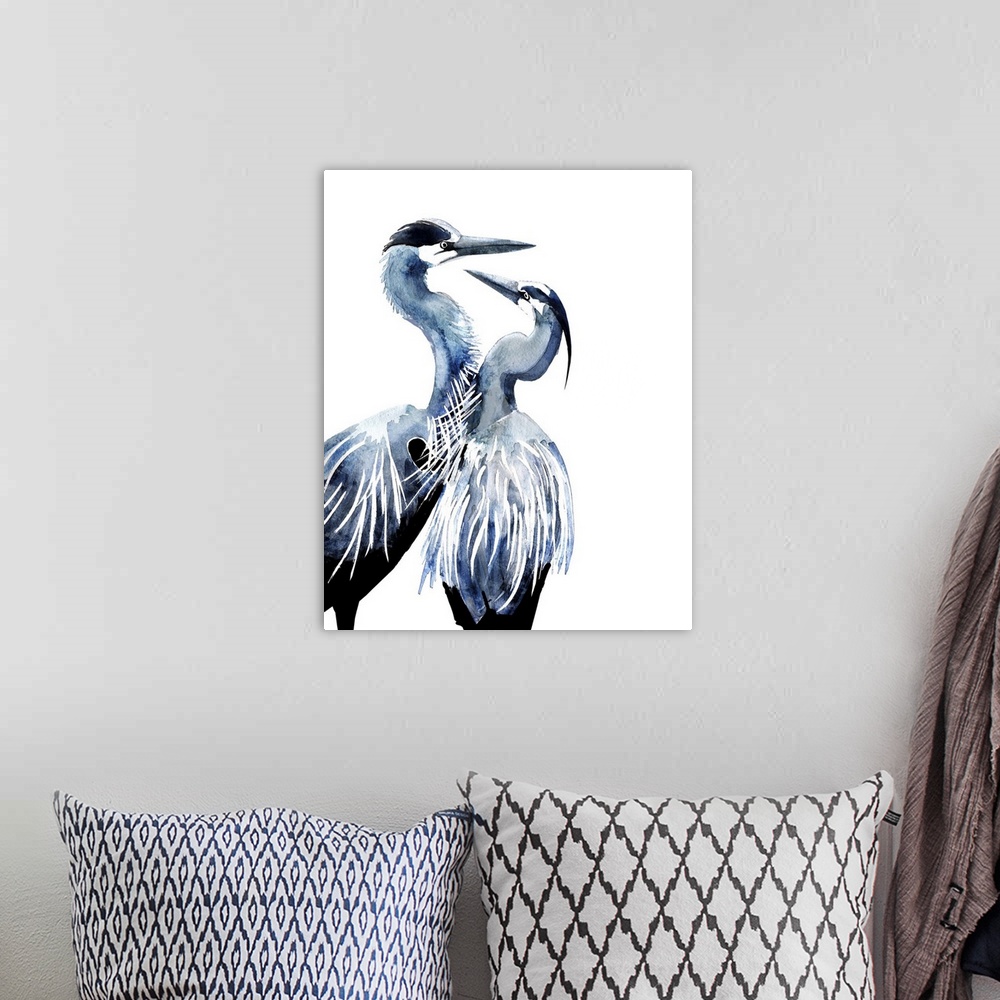 A bohemian room featuring Watercolor illustration of two herons on white.