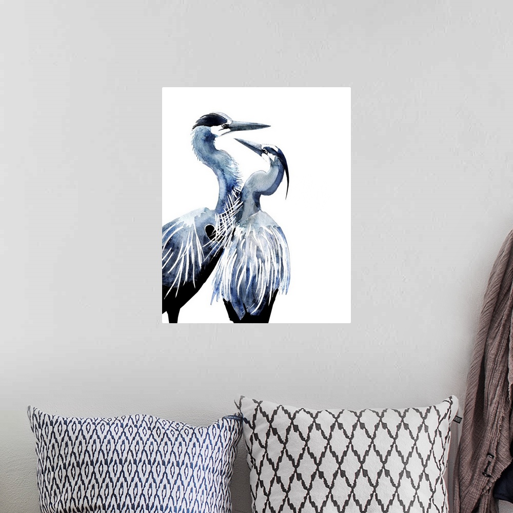 A bohemian room featuring Watercolor illustration of two herons on white.
