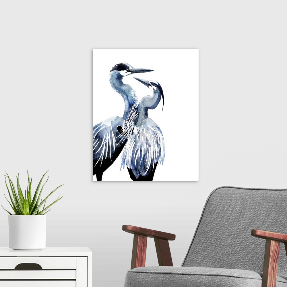 A modern room featuring Watercolor illustration of two herons on white.