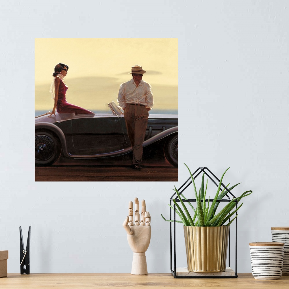 A bohemian room featuring Contemporary painting of a woman sitting in the back of a vintage car, with a man standing outsid...