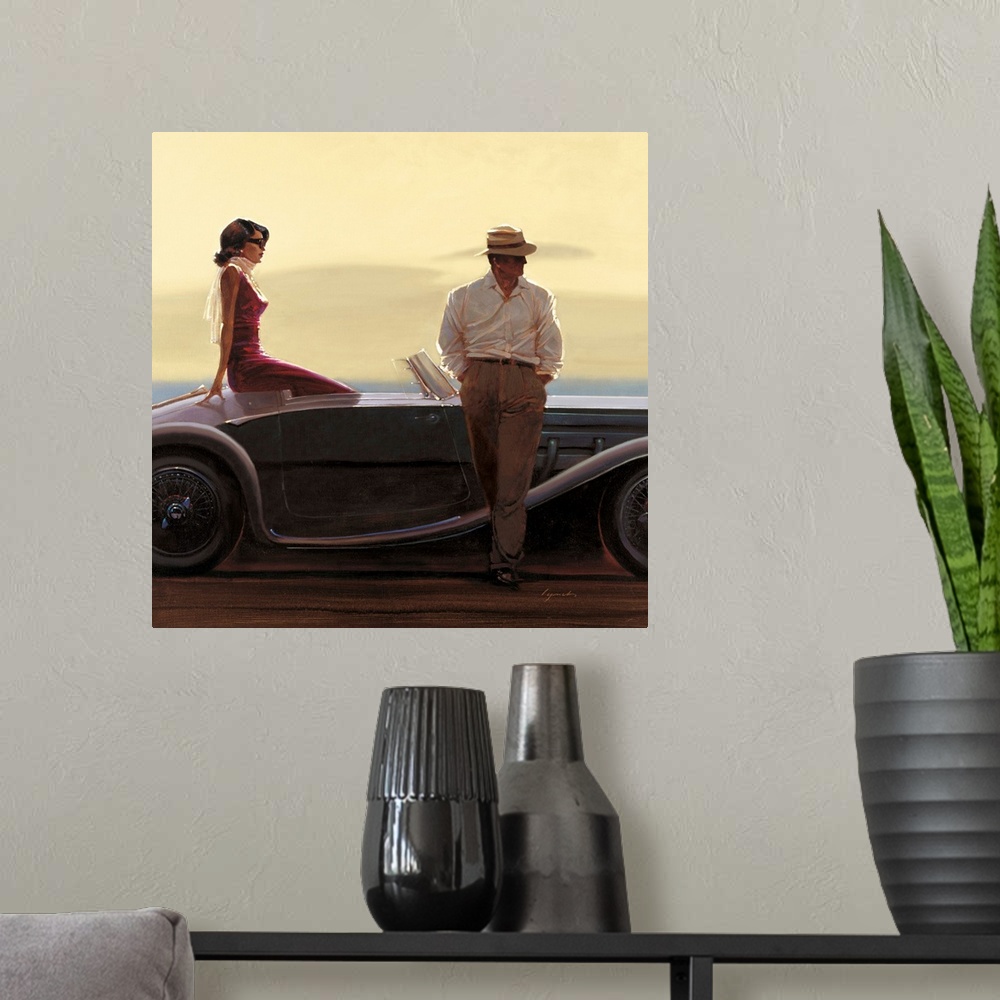 A modern room featuring Contemporary painting of a woman sitting in the back of a vintage car, with a man standing outsid...