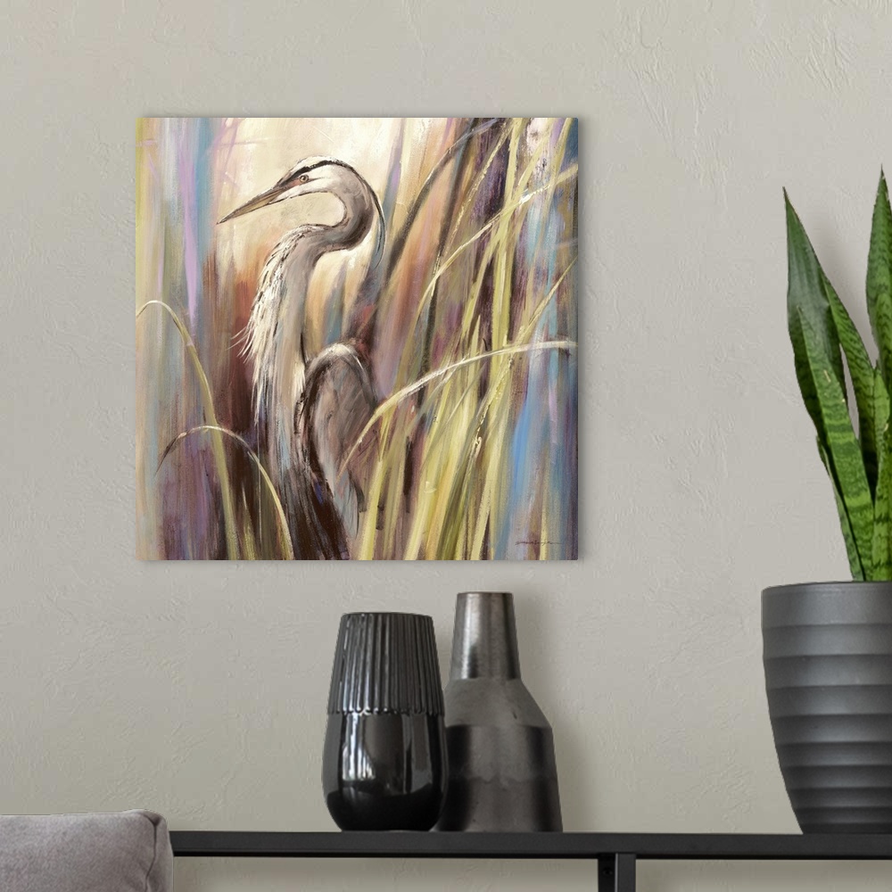 A modern room featuring Contemporary painting of a heron standing a-midst tall grass.