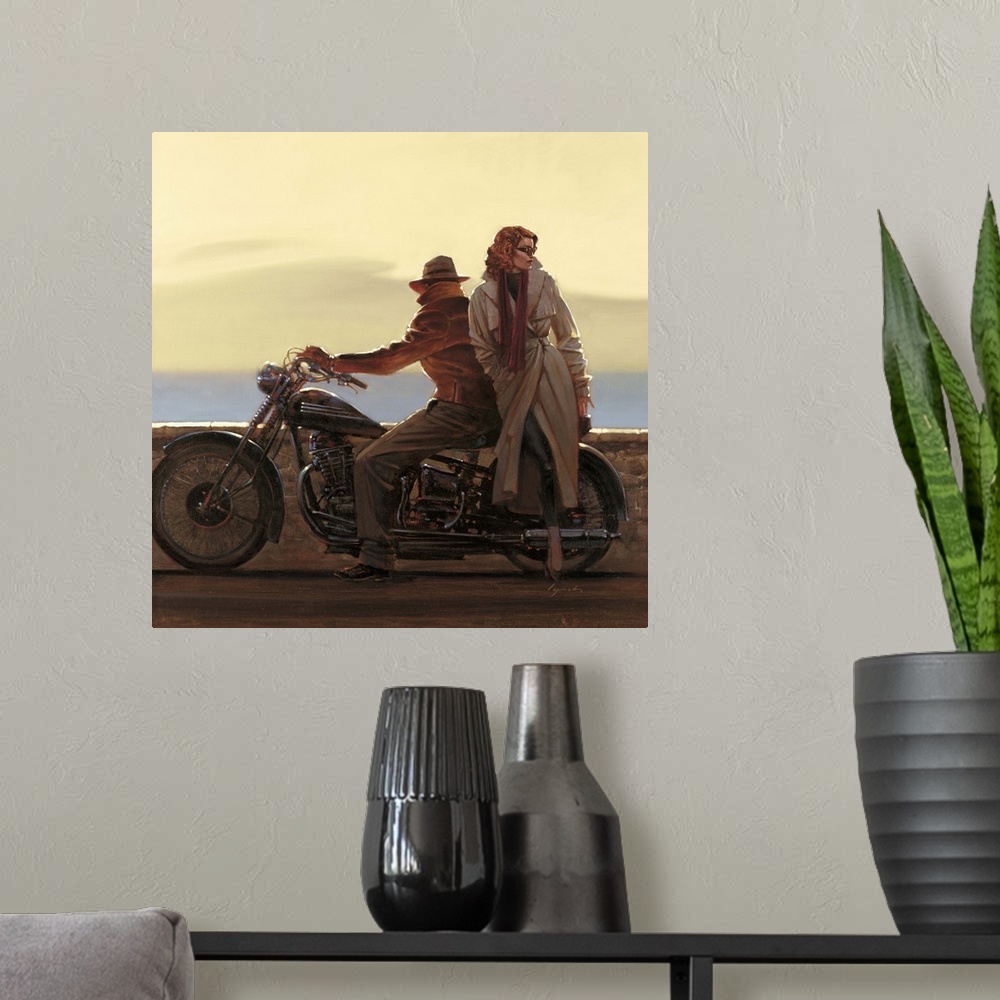 A modern room featuring Contemporary painting of man sitting on a motorcycle with a woman standing beside him.