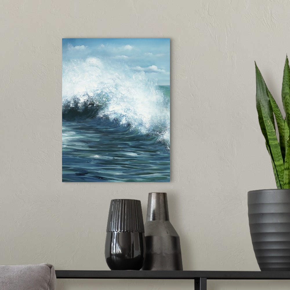 A modern room featuring Contemporary artwork of a wave curling and splashing off the ocean.