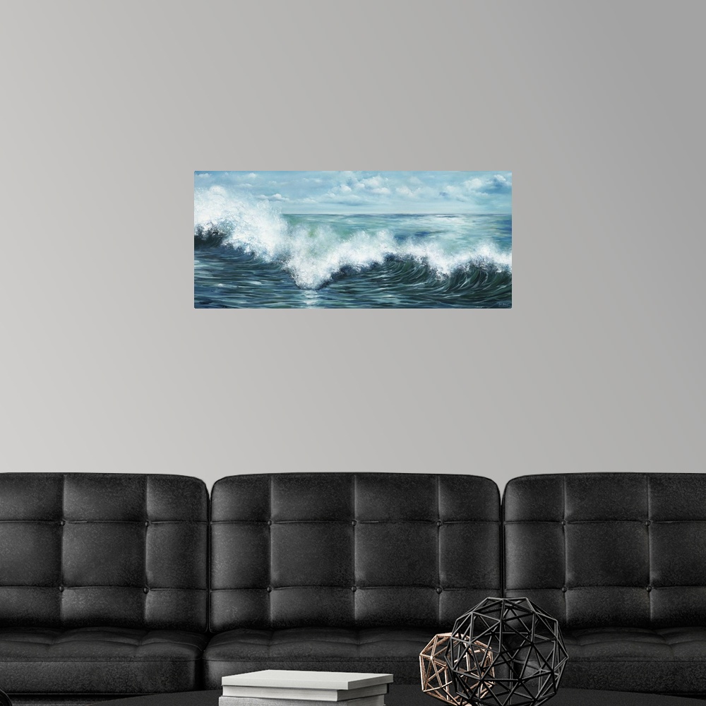 A modern room featuring Contemporary artwork of a wave curling and splashing off the ocean.